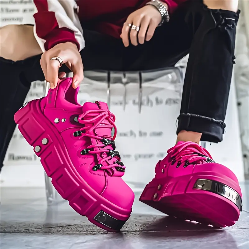 Men's CLANE Chunky Sole Platform Sneakers - Bright Pink, Heavy Metal Design, Laces, Low-Top Closed, Bold Print, Random Pattern, PU Upper & Outsole, Fabric Accents, Lace-Up Training Shoes