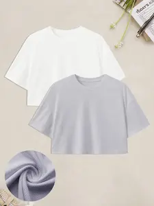 Two-Piece Short Sleeve Plain T-Shirt Set, Summer Essential, Simple Loose Fit, Perfect for Work/weekend Strolls, Easy Wear, Top