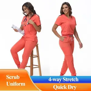 Stretchy Medical Scrubs Uniform Doctor and Nurse Uniform Durable Dental Pediatric Quick-Dry Healthcare Workwear Scrub Set 42109