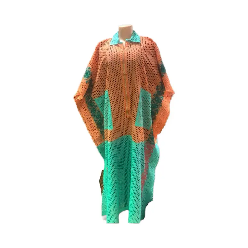Dry Lace Bubu Dress - Yellow & Green Eyelet Design with Zipper Closure