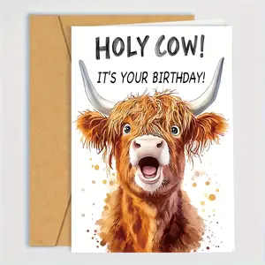 1 envelope with "Sacred Cow! This is your birthday!" animal print design, fun and humorous Highland cow birthday card, is the perfect gift for families. Suitable for giving to friends, colleagues, or dairy enthusiasts, Fun Party Cards