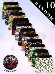 Men's Graphic Briefs Set of 10, Breathable Quick-Dry Elastic Swimwear, Fun Graffiti Design for Beach and Sports, Long Style