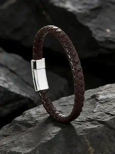 Men's Braided Leather Bracelet, Minimalist Vintage Style Magnetic Buckle, Durable PU Leather, Daily Wear & Birthday Gift
