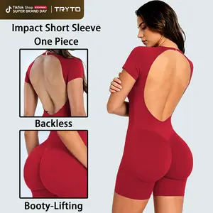 [REGULAR LENGTH] TRYTO Impact Short Sleeve One Piece Women's Seamless Workout Unitard Tummy Control Butt Lifting Short Sleeve Yoga Romper