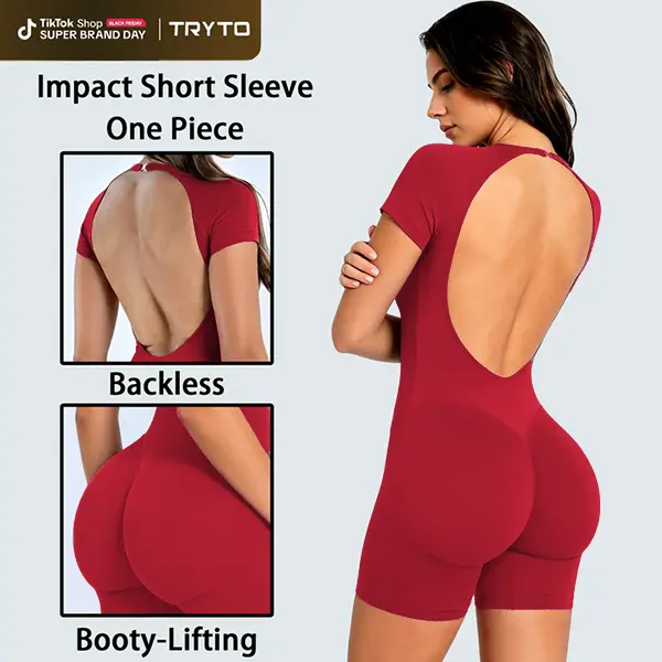 [SIZE UP 1] TRYTO Impact Short Sleeve One Piece Women's Seamless Workout Unitard Tummy Control Butt Lifting Short Sleeve Yoga Romper [STRONG COMPRESSED]