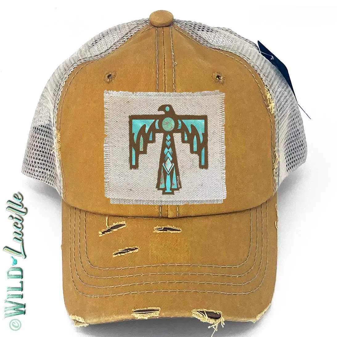 Wild Lucille Apparel - Turquoise Thunderbird - Distressed Trucker Hat Caps