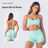 Women's Coral Canton Seamless Ribbed 2-Piece Sports Clothing Set, High-Stretch Gym Workout Activewear Yoga Outfit with Sports Bra & High-Waisted Shorts, Ribbed Fitness Sportswear, Athleisure Set, Travel/Camping Essentials,outdoorfun
