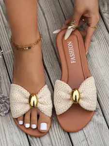 New Woven Bow Flat Dress Sandals Metal Buckle Flat Strap Slippers Soft Lightweight, Casual Solid Pattern, All Seasons Footwear Shoe