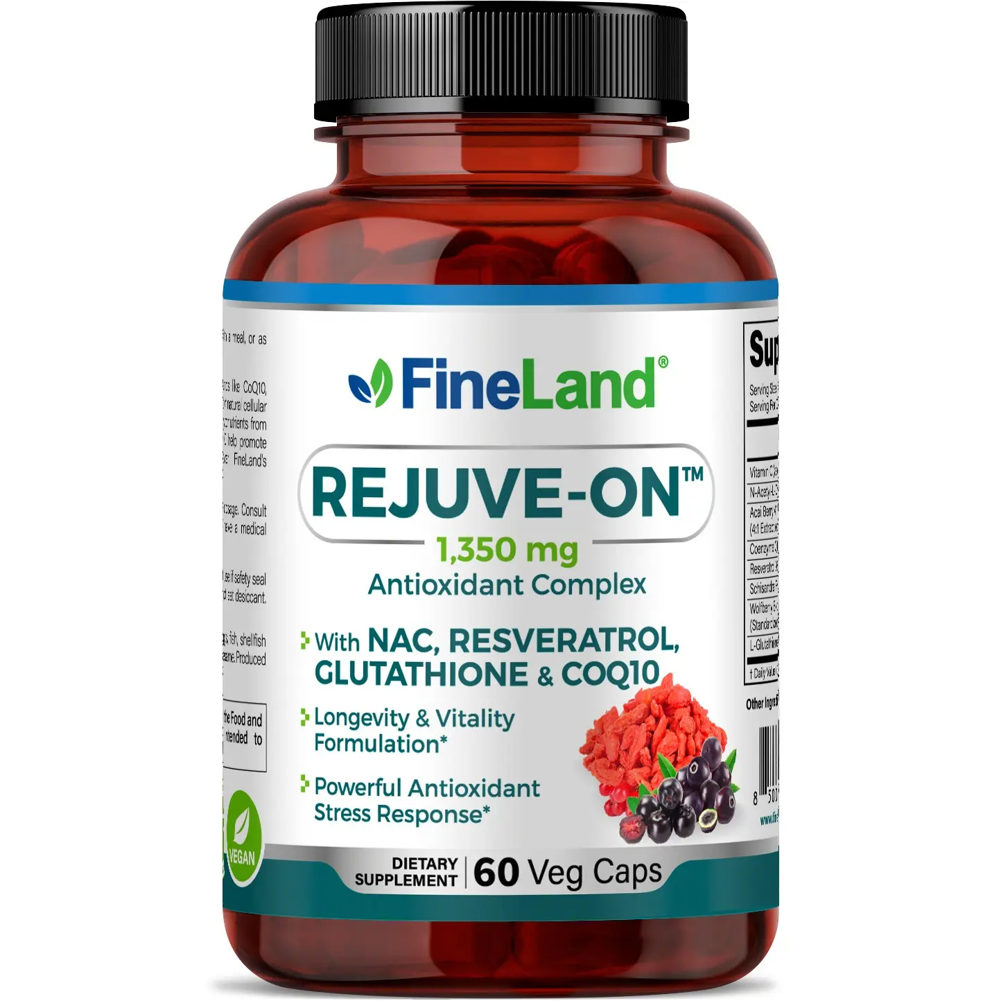 FineLand REJUVE-ON Antioxidant Complex (NAC, Resveratrol, Glutathione & CoQ10) - 60 Veg Caps FineLand REJUVE-ON Antioxidant Complex (NAC, Resveratrol, Glutathione & CoQ10) - 60 Veg Caps