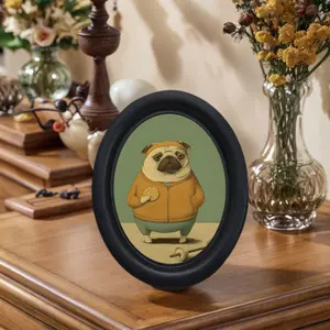 Vintage Oval Frame Pug Dog Decorative Wall Art, Character Art, Fun Living Room Hanging Painting, American Retro Wall Decoration, Quirky Bedroom Hangings, Illustrations