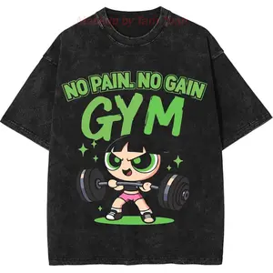 Funny Power-girl Anime Gym Shirt For Men And Women, Unisex Vintage Washed Animation Graphic Tee With No Pain, No Gain Print, Apparel Made In The USA		
