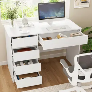 VOWNER Computer Desk with 5 Drawers, Home Office Desk with Storage, Modern Simple Laptop Desk for Working, Study (White)