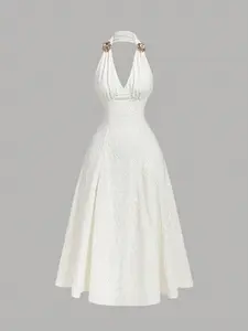 Vintage Elegant Metal Flower Lace Halter Waist Cinching Maxi Dress, Women's Fashion Party Gown, Stylish and Comfortable