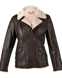 MotorCycleJackets Womens Sheepskin Brown Leather Shearling Jacket
