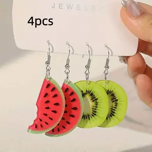 Women's Watermelon Kiwi Earrings, Cute Fruit Summer Pendant Earrings, Unique Oddball Earrings, 2 Pairs, Accessories