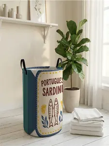 1 piece of sardine pattern + 'Portuguese style' 2D printed open storage box, double handle reinforcement + foldable storage | dirty laundry storage/toy organization/home decoration all-in-one