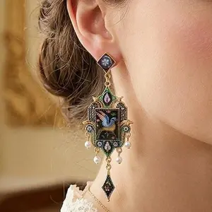 Vintage Renaissance Enamel Bird Drop Earrings with Pearls & Crystals