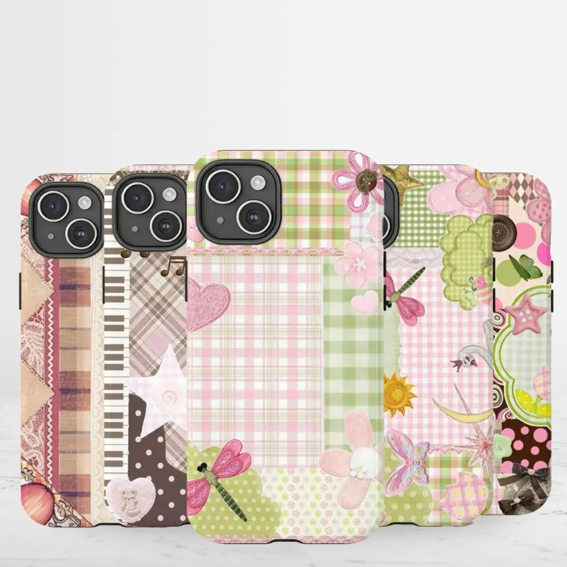 Y2K Vintage Cottagecore Patchwork Phone Case Pastel Pink Green Gingham Dragonfly Lace 2D Flat Print Heavy Duty Tough Cover for iPhone 17 Pro Max - 7/Soft Girl Aesthetic Case