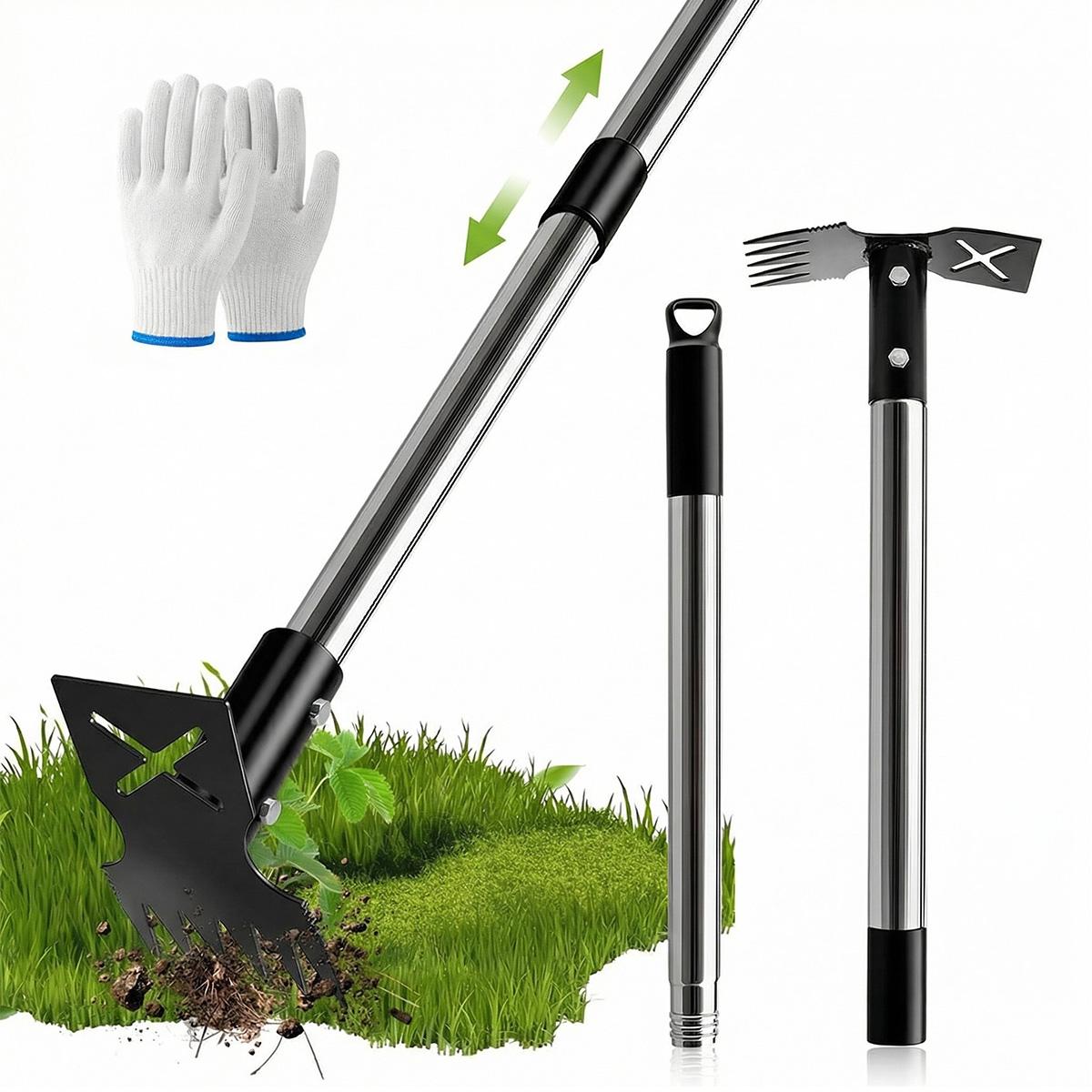 2-in-1 Ergonomic Garden Weeding Hoe & Leaf Rake, Heavy Duty Gardening Hand Tool with 2-Section Detachable Stainless Steel Handle (80cm), Adjustable Length for Planting, Tilling, Digging, Farm & Patio Cultivation, Bonus Gloves Included