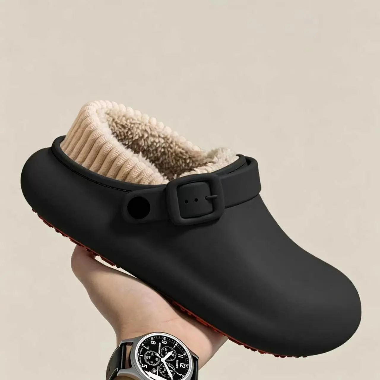 Men’s winter fleece-lined clogs with warm plush lining, EVA waterproof slip-on mule slippers, non-slip indoor/outdoor casual home shoes