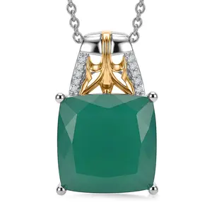 Verde Onyx and White Zircon 11.50 ctw Wild Green Pendant in 18K Yellow Gold Plated and Platinum Plated with Stainless Steel Necklace 20 Inches