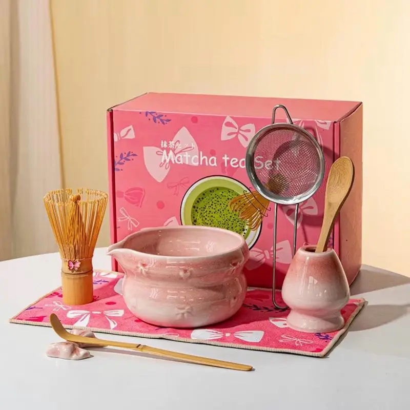 8PC Blush Ombré Ceramic Matcha Tea Set • Japanese Style Kit