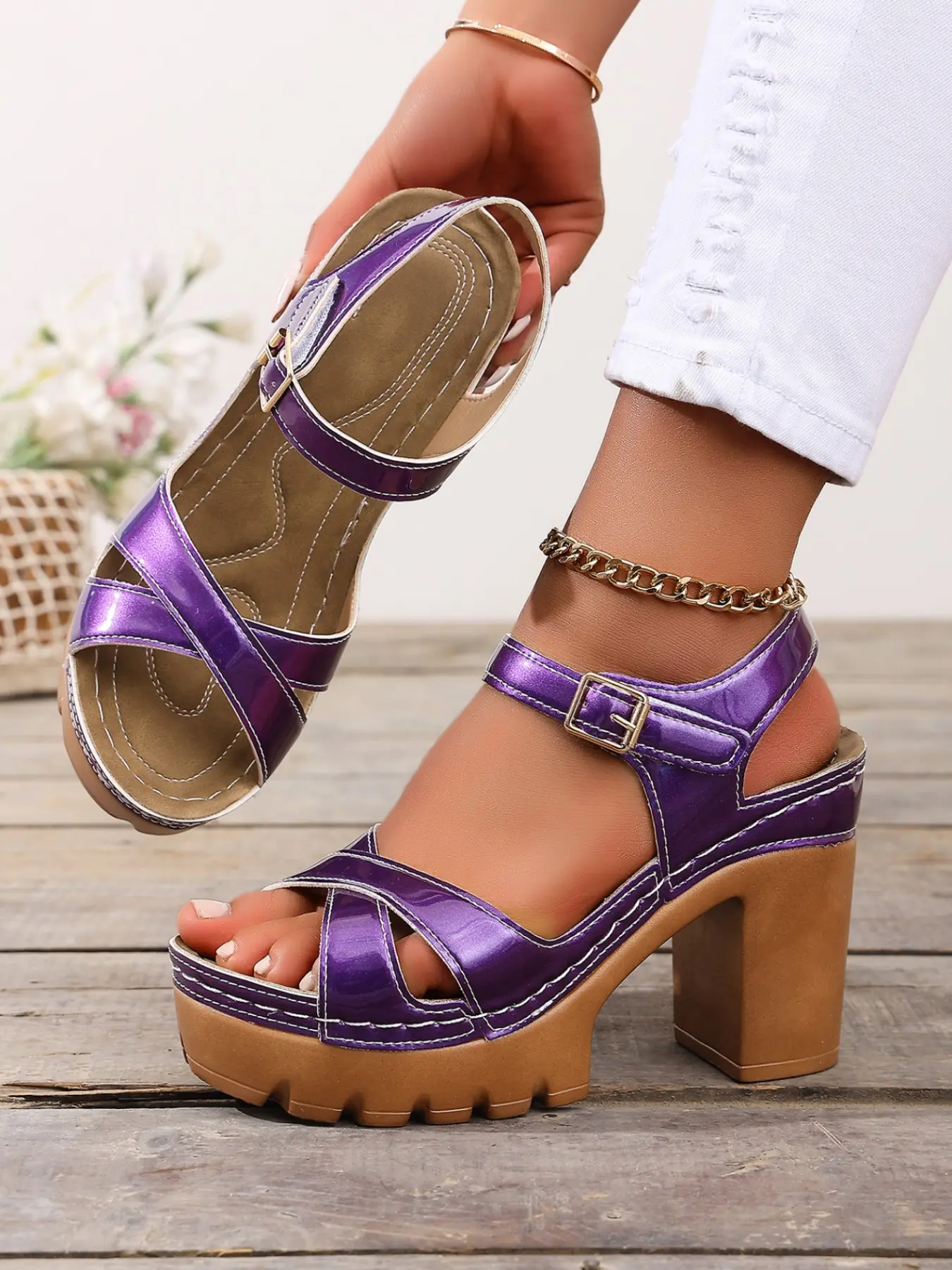 European Style Metal Sequin Heeled Sandals for Women, Summer New Ankle Strap Thick Sole Anti-Slip 8cm Waterproof Platform Shoes