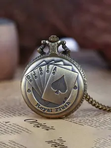 A Single Pocket Watch Is Bronzed And Is Patterned With A Metal Chain As The Strap. The Surface Of The Pocket Watch Has A Fine Playing Card Pattern, Exquisite Watch. Suitable For Wearing At Some Retro-Themed Parties, Literary And Artistic Events