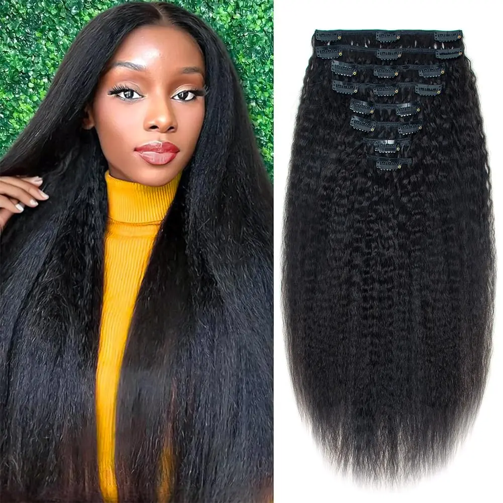 GK Hair Kinky Straight Clip in Hair Extensions Real Human Hair 120g/8pcs Double Weft 10A Brazilian Yaki Straight Clip ins for Black Women  Human Hair Clip in Extensions Natural Black