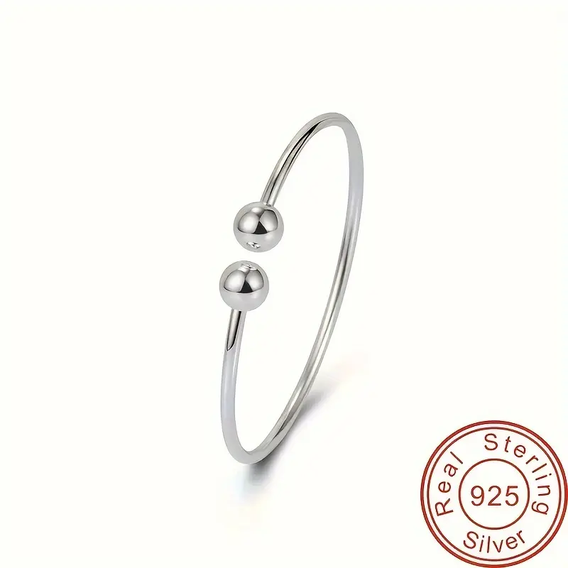 Women's 925 Sterling Silver Bracelet - Minimalist Double Ball Bangle, Elegant Jewelry, Silver Metal Bracelets & Bangles, Minimalist Bangle