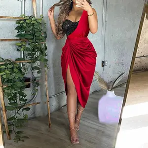 Women's One Shoulder Sequin Satin Midi Dress, Ruched High Slit Wrap Bodycon Cocktail Dress Elegant Evening Party Formal Dress, Ideal for Wedding Guests, Embellished Dress, Formal Dresses Casual Chic
