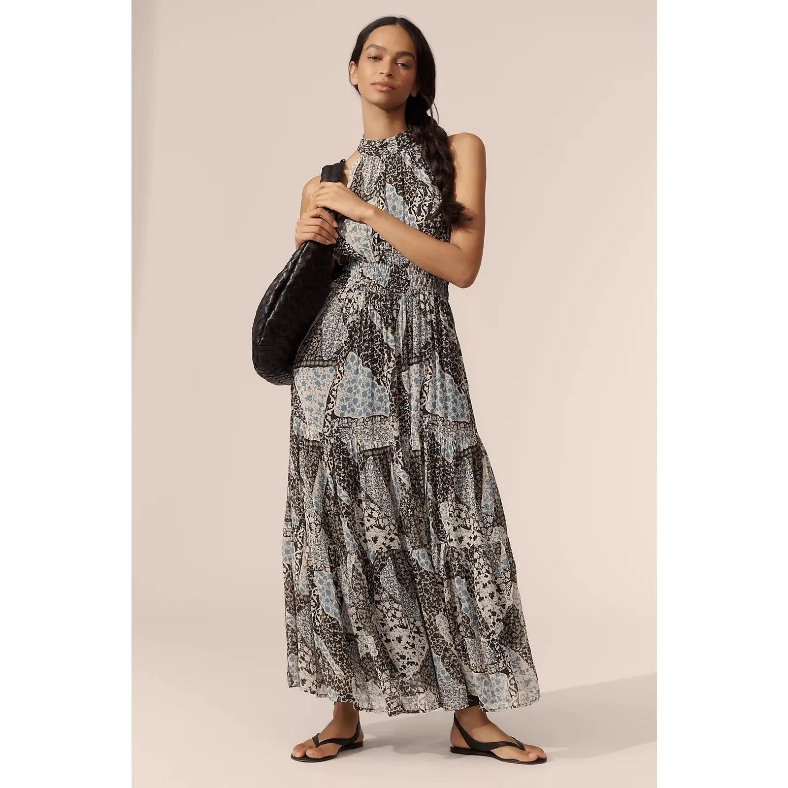 Anthropologie The Somerset Chiffon Halter Maxi Dress X-LARGE Black