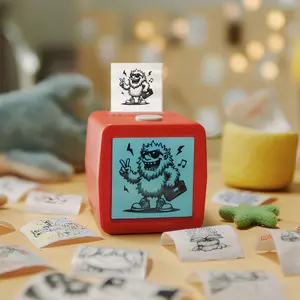 Stickerbox | AI-Powered Voice Activated Mini Sticker Printer for Kids — Mess-Free Thermal Sticker Maker - Includes 3 Paper Rolls (~ 200 stickers), 8 Colored Pencils & Power Adapter - Portable Creative Activity Gift for Kids Ages 5+