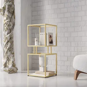 2-Tier Modern Gold Cube Bookcase With Metal Tower Display Shelf