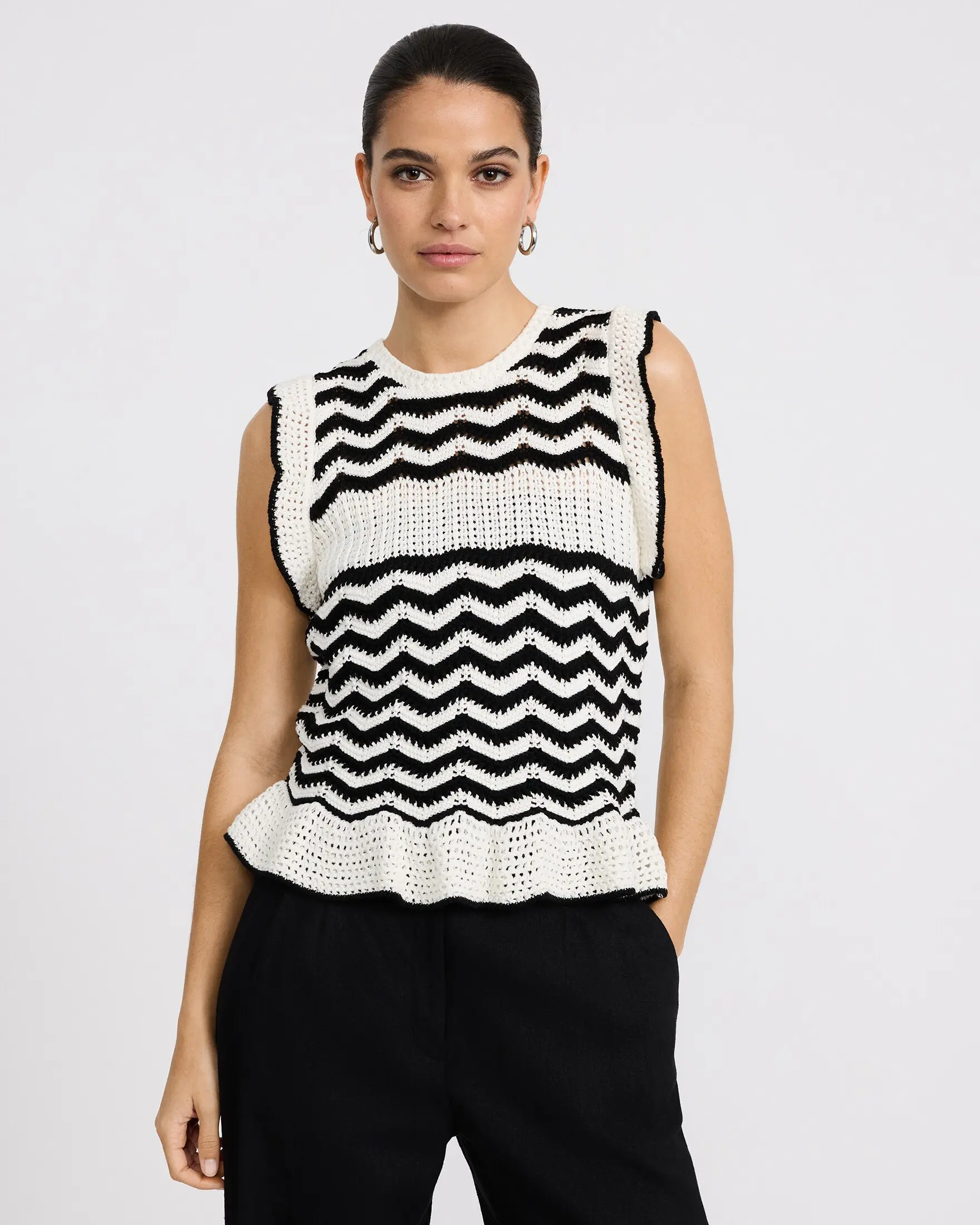 Express Cotton Chevron Tipped Crew Neck Ruffle Trim Sweater