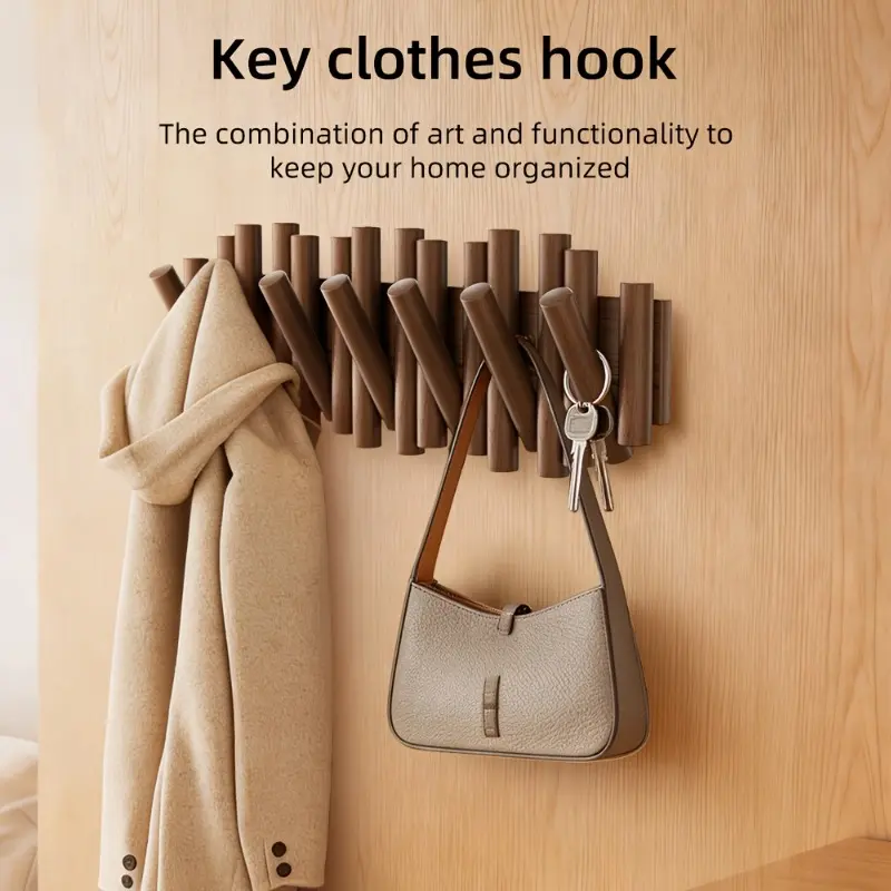 Minimalist Heavy-Duty Wood Wall-Mounted Coat Rack with 7 Expandable Hooks, Adjustable Durable Home Organized Storage for Entryway, Bathroom - Coats, Bags, Towels, Entryway Storage