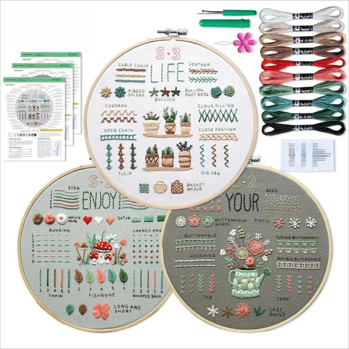 3pcs Printed Floral Embroidery Kit - Flower Pot & Cactus Patterns, Includes Canvas, Hoop, Thread & Instructions, Beginner-Friendly DIY Craft for Teens, Mother’s Day/Birthdays Gifts, Home Hanging Decor, Set