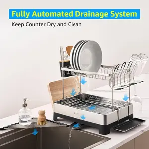 2 Tier Dish Drying Rack - Extra Large Multifunctional Kitchen Drying Rack, Extendable Drain Spout, 304 Stainless Steel, Black Organiser Gray + Silver