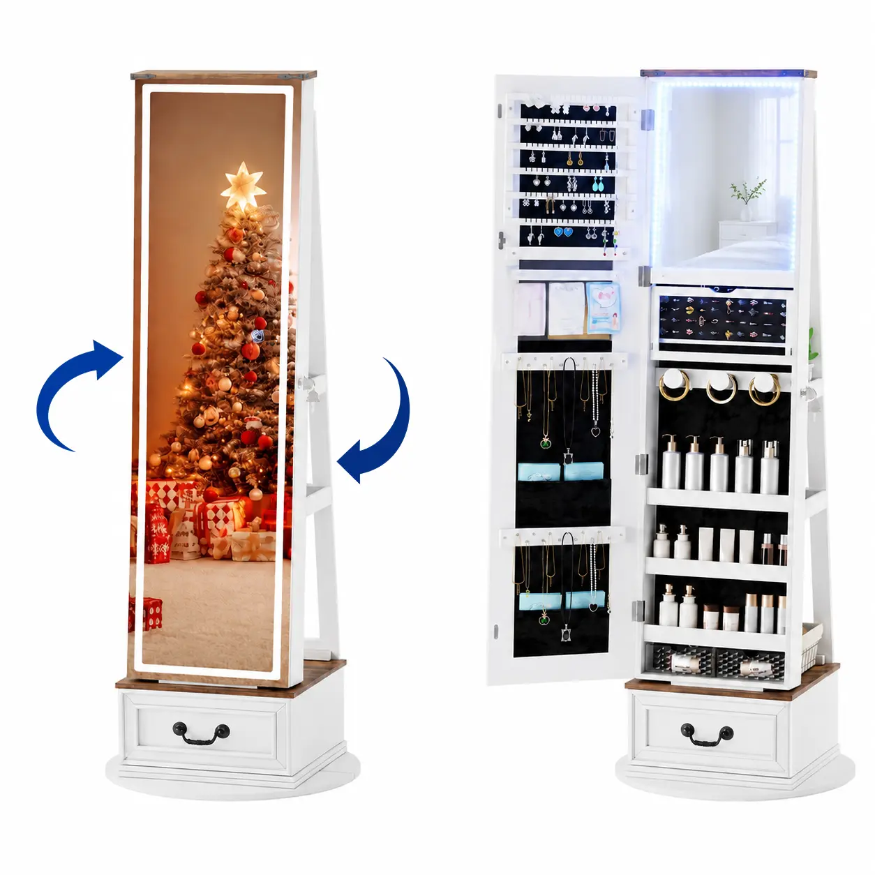 Miuvanity 5-in-1 360 Swivel Jewelry Cabinet with LED Light，Lockable Jewelry Mirror Cabinet，Standing Jewelry Armoire，Frameless Full-Length Mirror，3 Storage Shelves Gift Idea Decor，Mirror with storage
