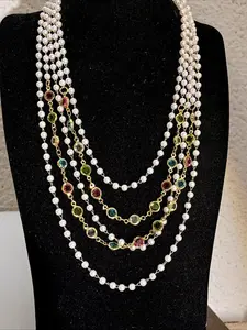 French Vintage Multi-Layer Colorful Artificial Crystal Pearl Necklace, Elegant Party Jewelry, Women's Exaggerated Necklaces, Statement Necklace