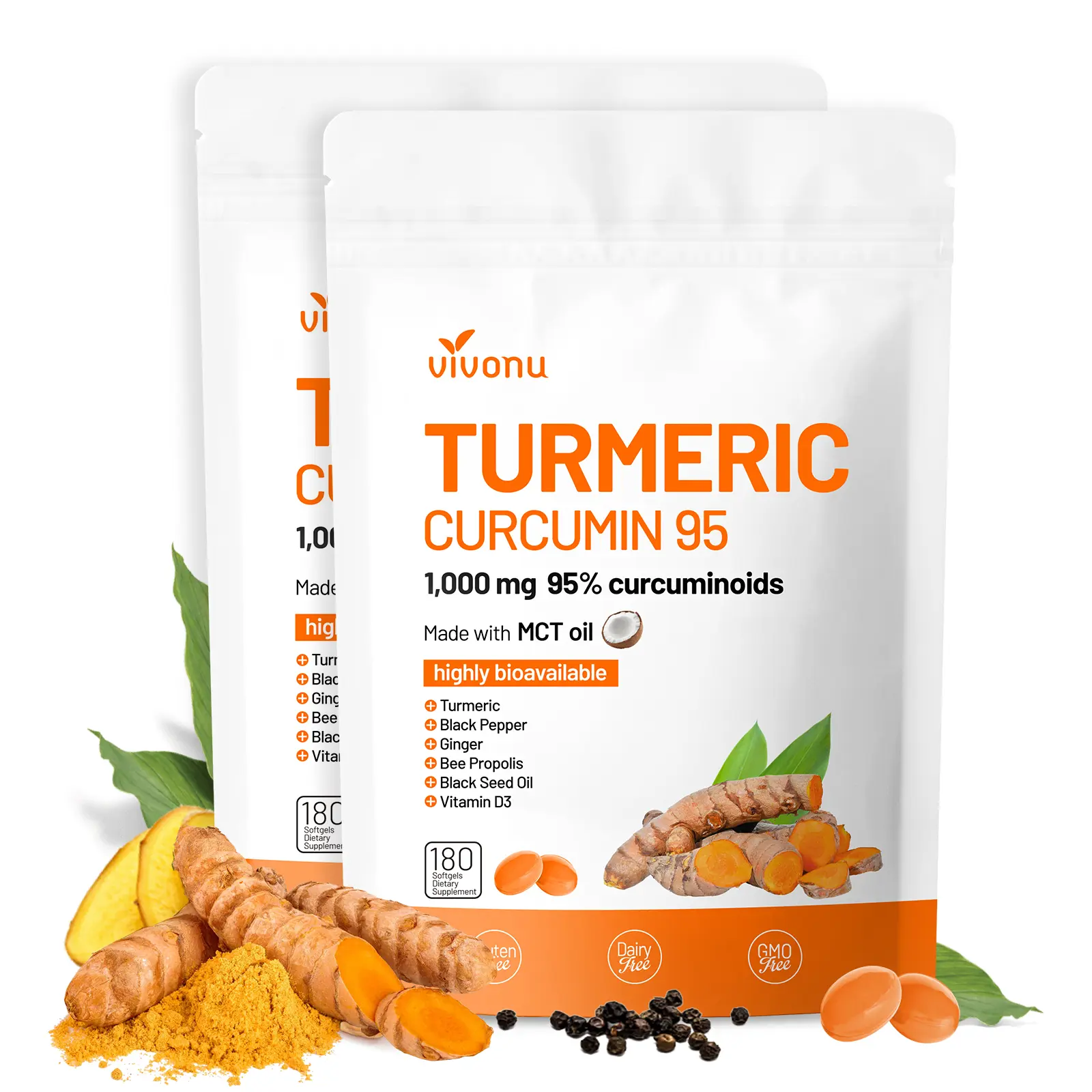 【LAST-CHANCE】VivoNu TURMERIC CURCUMIN 95 Softgels: 1000mg 95% Curcuminoids | Provides Antioxidant Protection, Anti-Inflammatory & Supports Immune Function (180 Softgels per Bag) mothersdaygift
