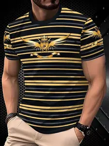 Men's Striped Print Short Sleeve T-Shirt, Menswear, Fashionable and Trendy, Casual Style, All Seasons, Graphic Pattern, Long Length