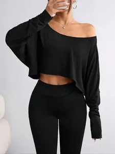 Women's Fall Fashion Loose Fit Asymmetric Neck Batwing Sleeve T-shirt, Perfect for Gym Home Or Daily Wear, Casual Chic Minimalist Comfortable and Stylish Women's Top, Casual Classy Top
