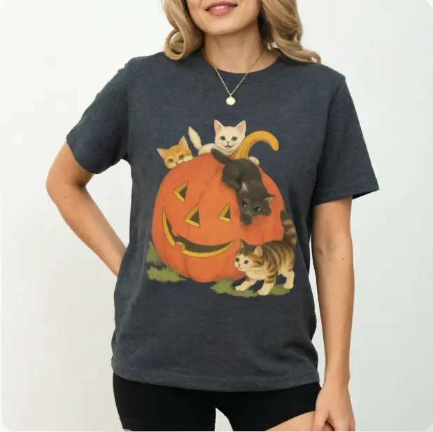 Women's Chic Cotton Vintage 90s Halloween Cat Crewneck Sweatshirt - Spandex-Yarn Fabric, Athletic Comfortable Pullover, Retro Cute Cats & Jack-o'-Lantern Graphic, Fall Spooky Season Piece