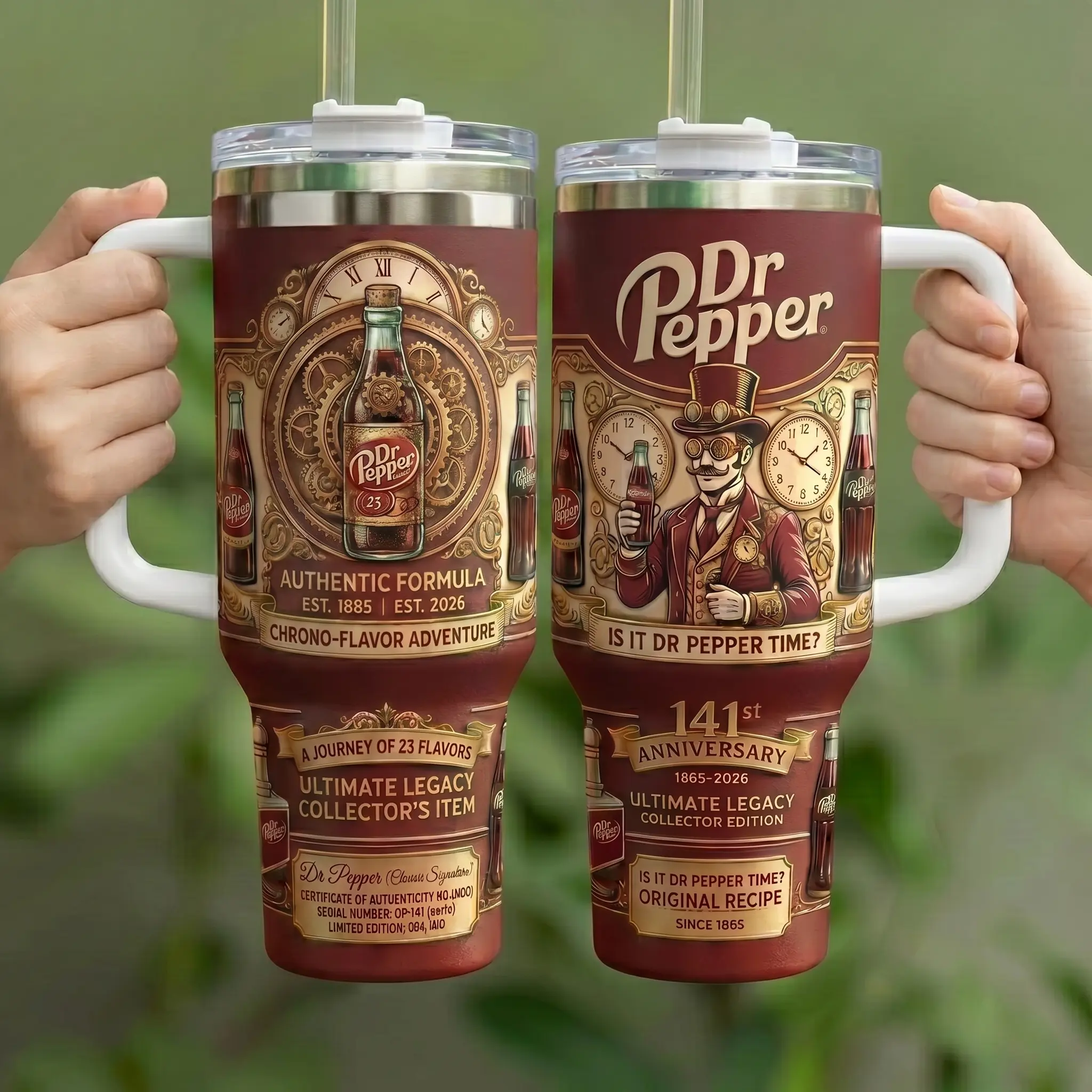 Limited Dr Pepper 141st Anniversary 40oz Tumbler with Handle, Steampunk Vintage Limited Edition Aesthetic Cup, Vacuum Insulated Stainless Steel Travel Mug, Leak Resistant Lid & Straw, Car Cup Holder Friendly, Est 1885 Original 23 Flavors Collector Gift