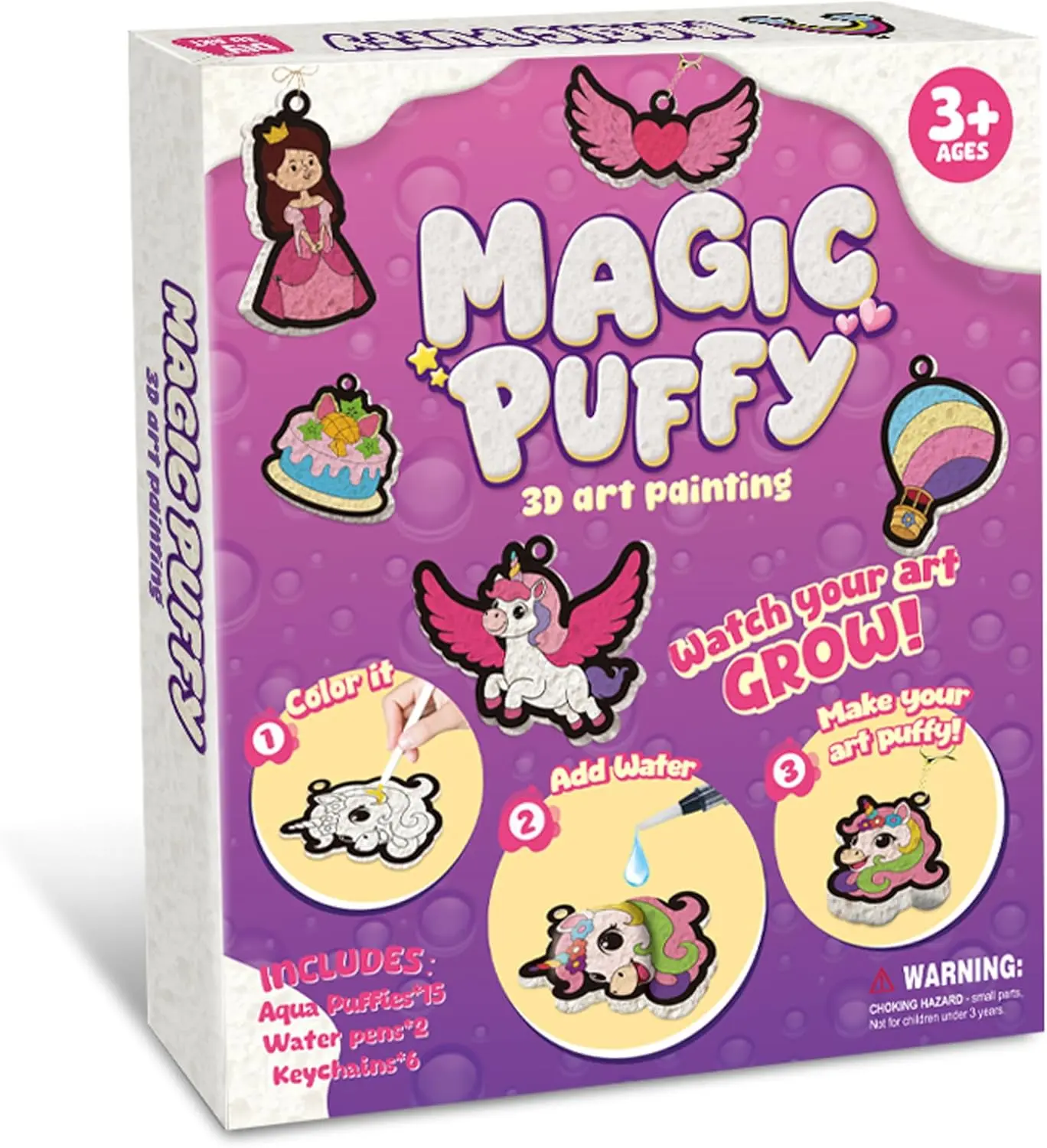 Magic Puffy Paint Kit for Kids, Princess 3D Foam Texture Painting Set with 12 Color Markers, Water-Activated Paint by Number Craft Kit, DIY Keychain Art Gift for Girls Ages 4-10