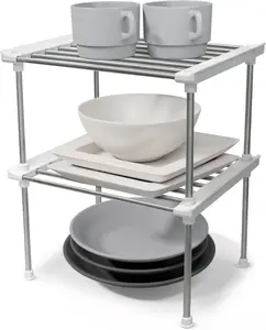 Set of 2 Stackable Kitchen Counter Shelves, Cabinet Organizers and Storage, Pantry Storage Plastic Racks Stainless Steel