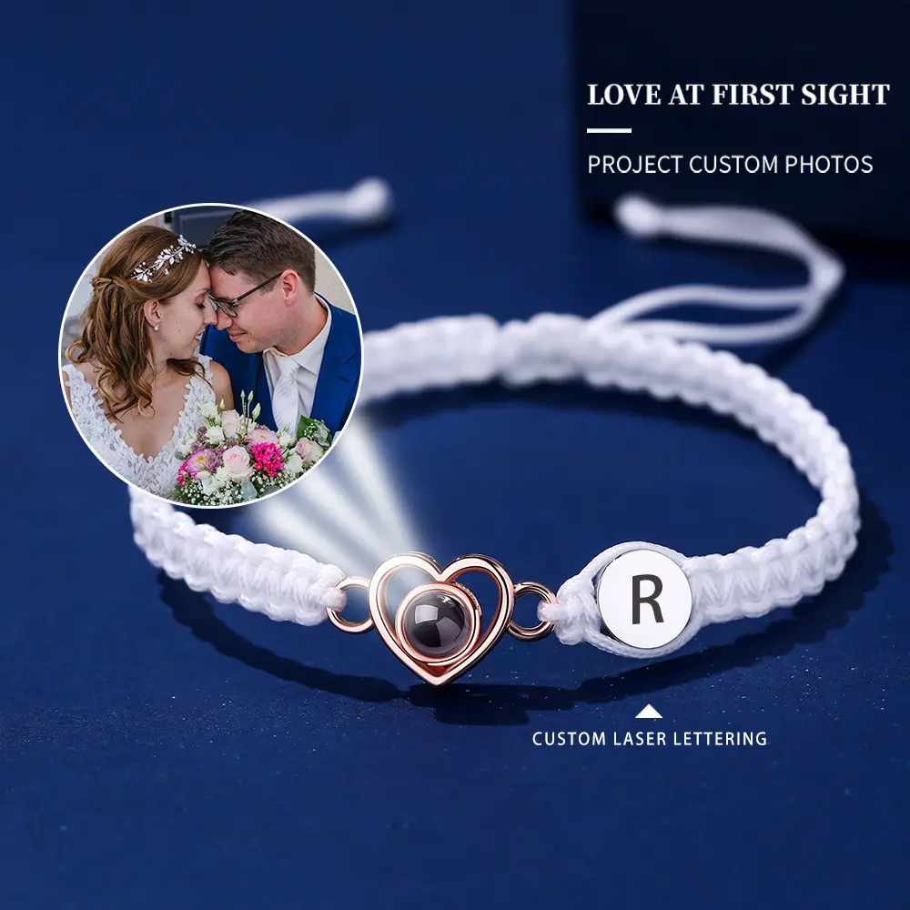 Custom Photo Projection Bracelet, Unisex Braided Heart Design with Alloy Charm, Personalized Laser Engrave Gift, Couples Bracelets, Daily Wear, Bangle