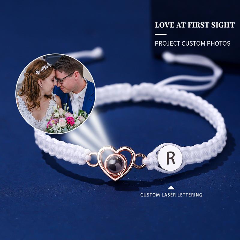 Couples Bracelets - Unisex Love Braided Cord Bangles with Personalized Alloy Heart Charm, Photo Projection, Custom Laser Lettering, Daily Wear Gift (Custom Content - Contact Us)