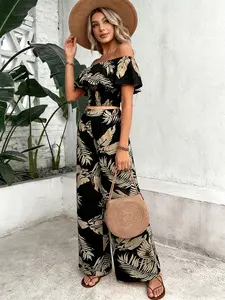 Two-piece set of women's black palm leaf print fitted off-the-shoulder short top + wide-leg pants, Beach outfits set, light holiday style, suitable for tropical vacation, seaside wear
